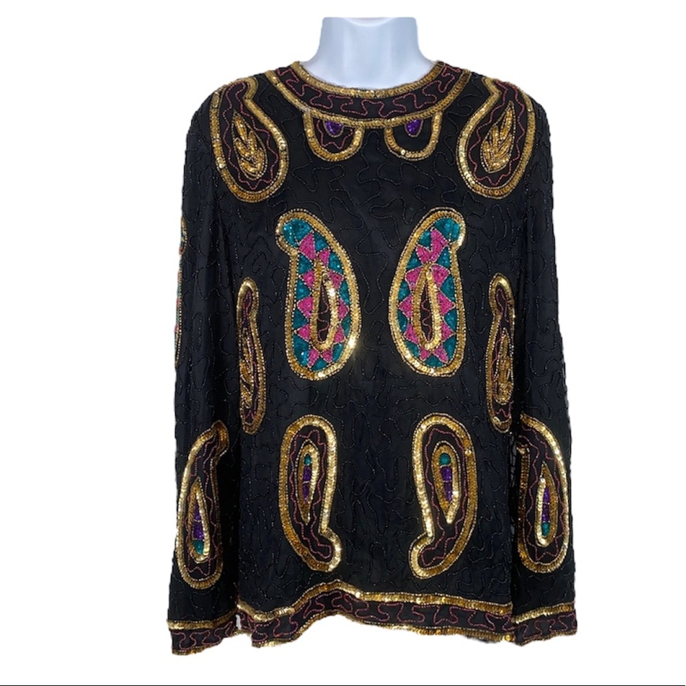 Beautiful Vintage Silk Sequin & Beaded Long Sleeve Paisley Blouse Size XL